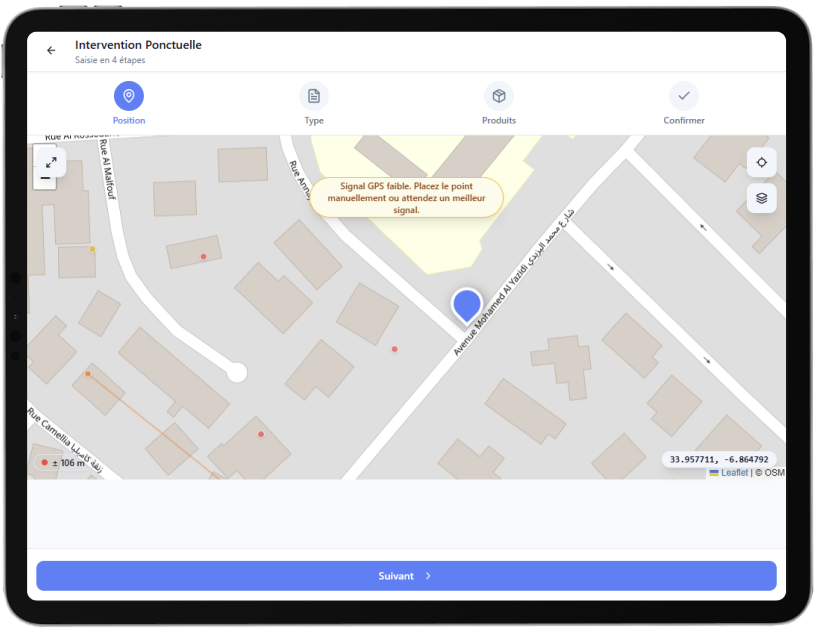 Position GPS de l'intervention affichée sur la carte, ajustable à la main