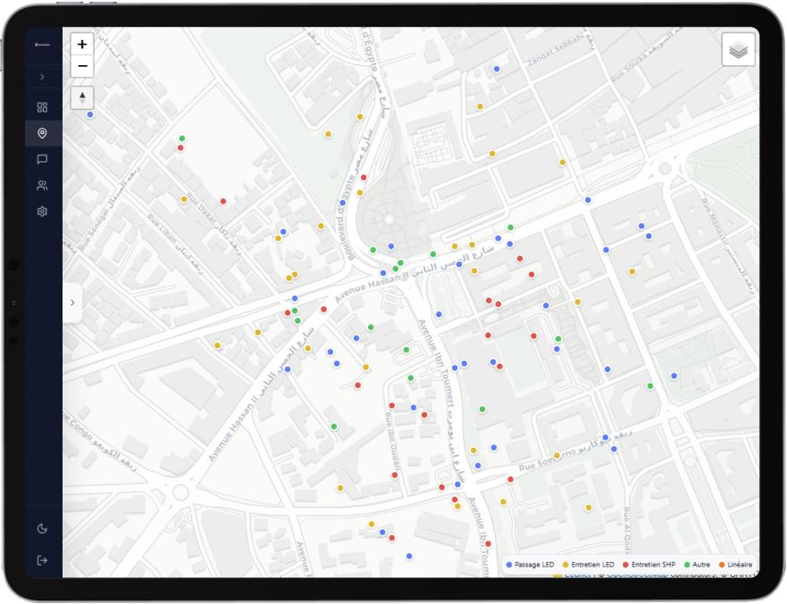 Carte zoomée sur un quartier avec un point par intervention, coloré par type